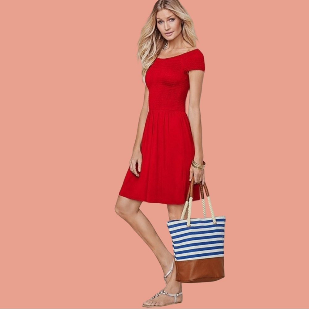 VENUS Vibrant Red Smocked Off Shoulder Dress